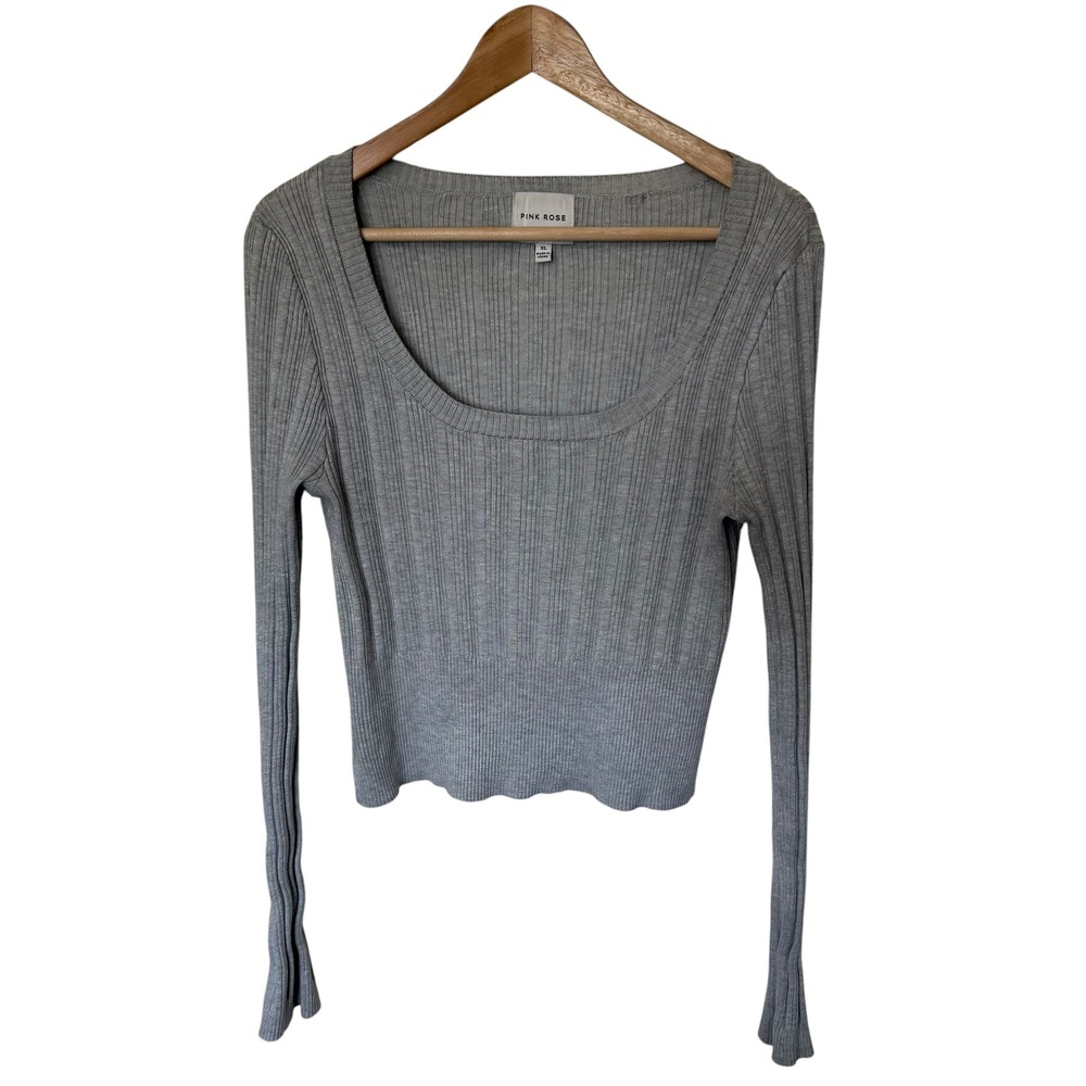Pink Rose Ribbed Knit Top Women XL Gray Exc. Scoop Neck Long Sleeve Split‎ Cuff